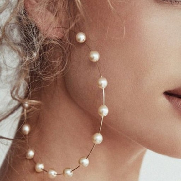 Huge 5" Pearl Gold Hoops Thin Oversized Hoop Statement Earrings New Bohemian - Picture 3 of 10